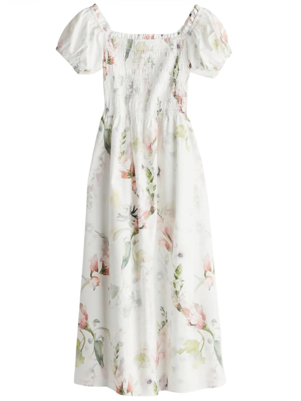 NWT H&M White Floral Watercolor Print Maxi Dress with Smocking. Size XL